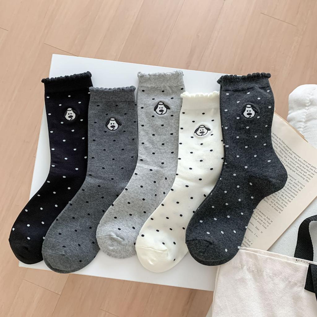 2024 Cute Bubble Lace Dot Puppy Embroidery Pile Socks Cotton Medium Long Tube