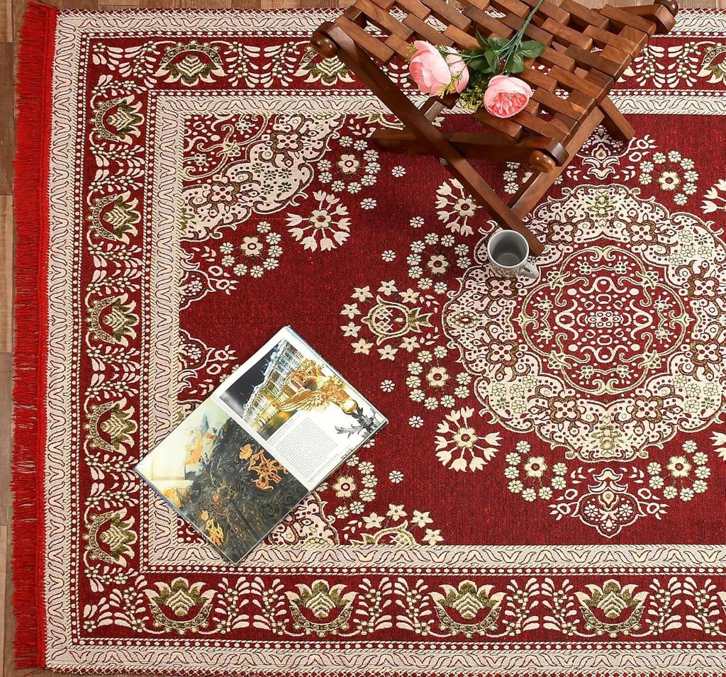 Home Decor Cotton Carpets for Living Room 5x7 Feet Multi-Use Flower Design Carpet Mats (Red Colour)