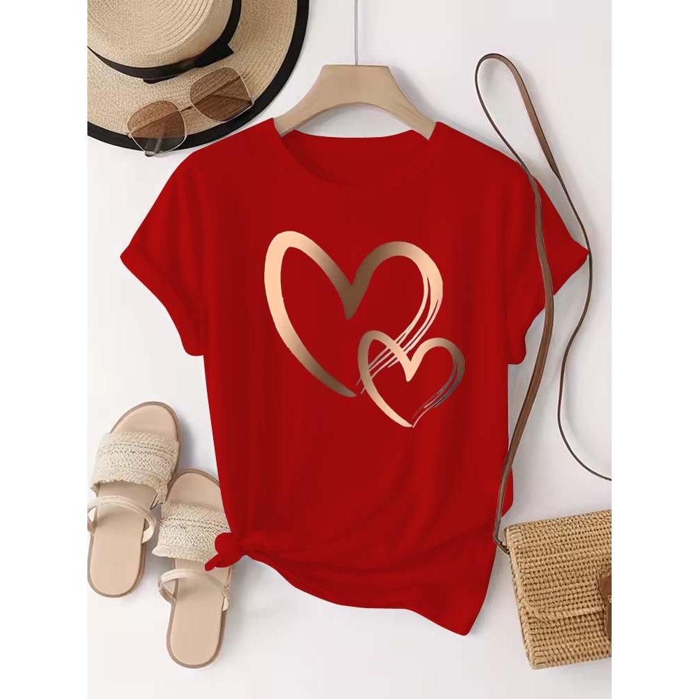 

Summer New Fashion Women s Heart Printed T-shirt Trendy Casual Round Neck Top Short Sleeves Women T-shirt Women Clothing XS