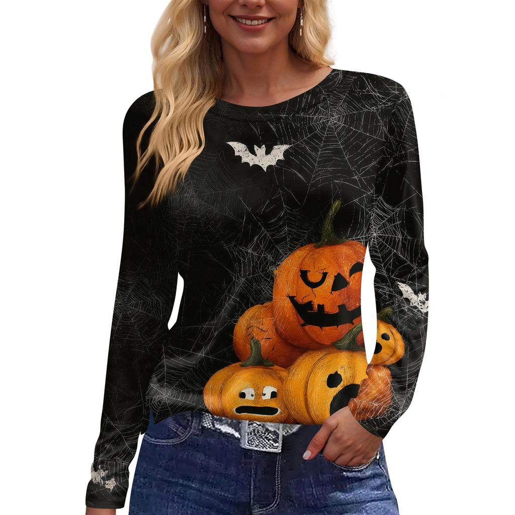 Women's Long Sleeve Halloween T-Shirt with Side Slits Neck Blouse
