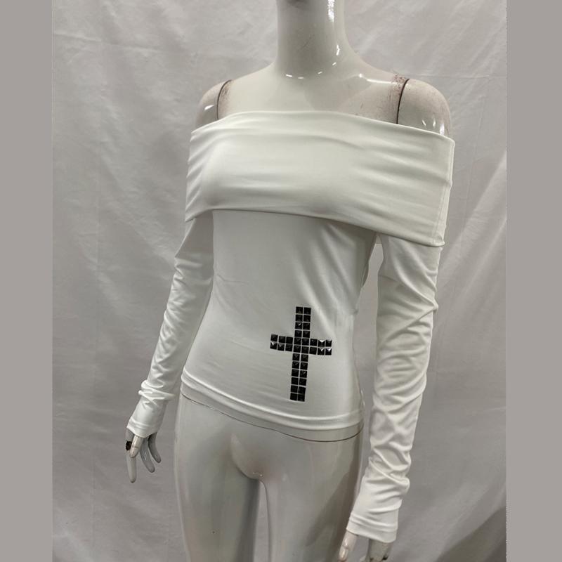 Y2K casual and fashionable white one shoulder long sleeved tight fitting women's top
