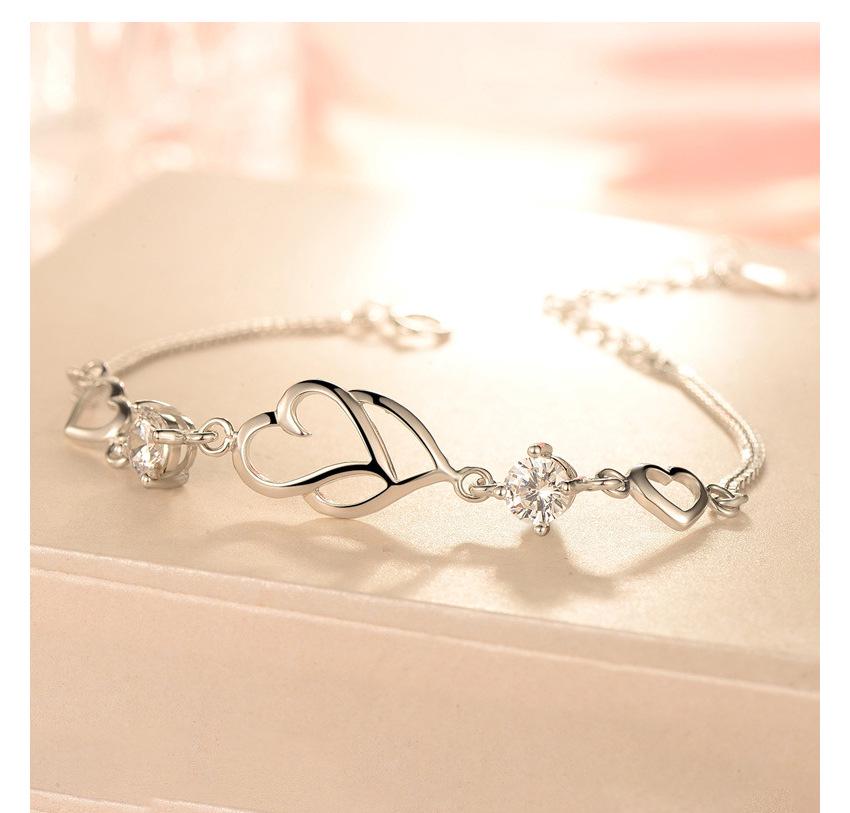 Korean Heart to Heart S925 Sterling Silver Bracelet with Diamond Inlay - Elegant Jewelry Gift for Women