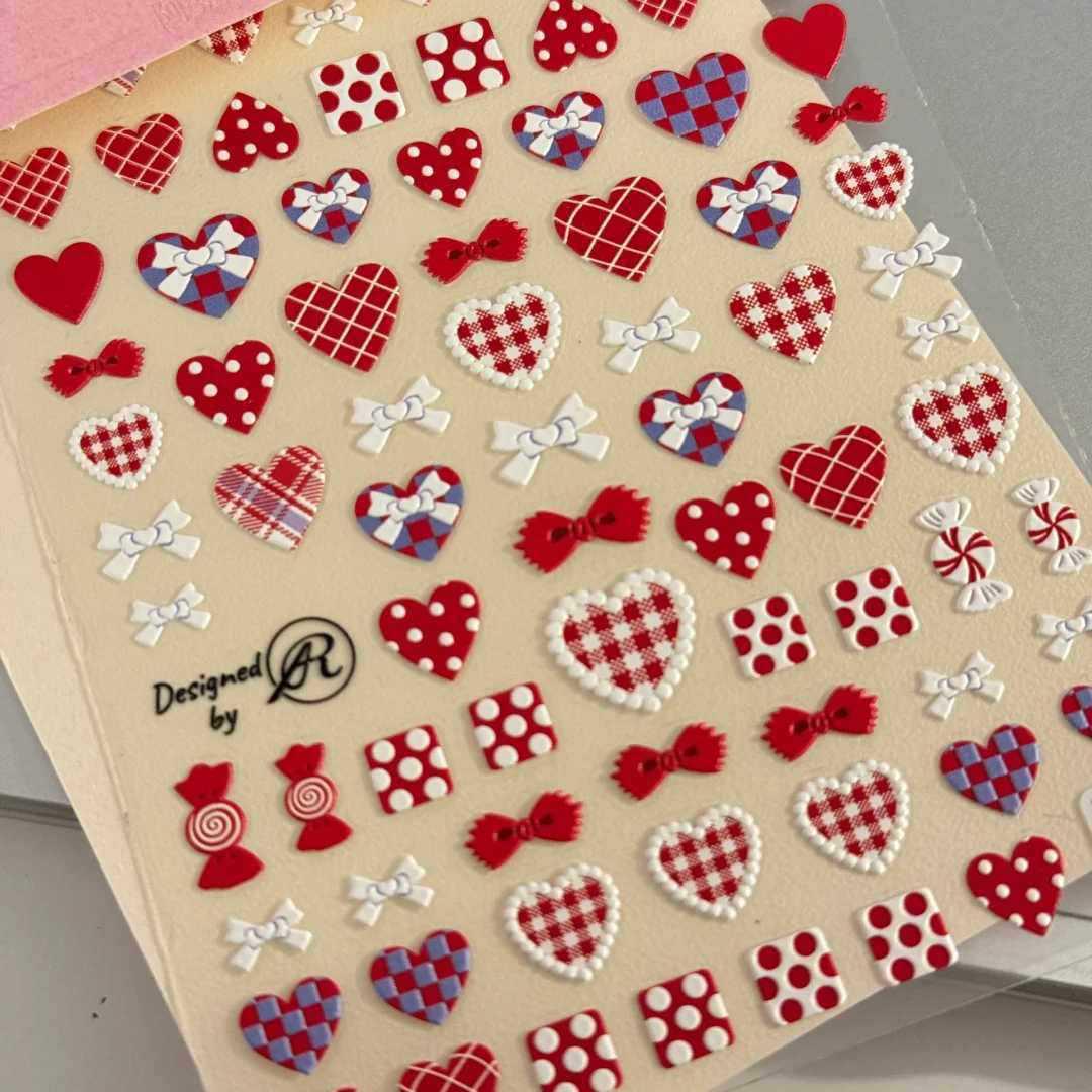 Festive Plaid Heart and Bow 3D Nail Art Stickers Heart Bow [1 Sheet]