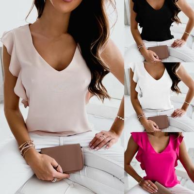 V-neck Lady Shirt Stylish Simple Cool Ruffle Sleeve Trim Pullover Top
