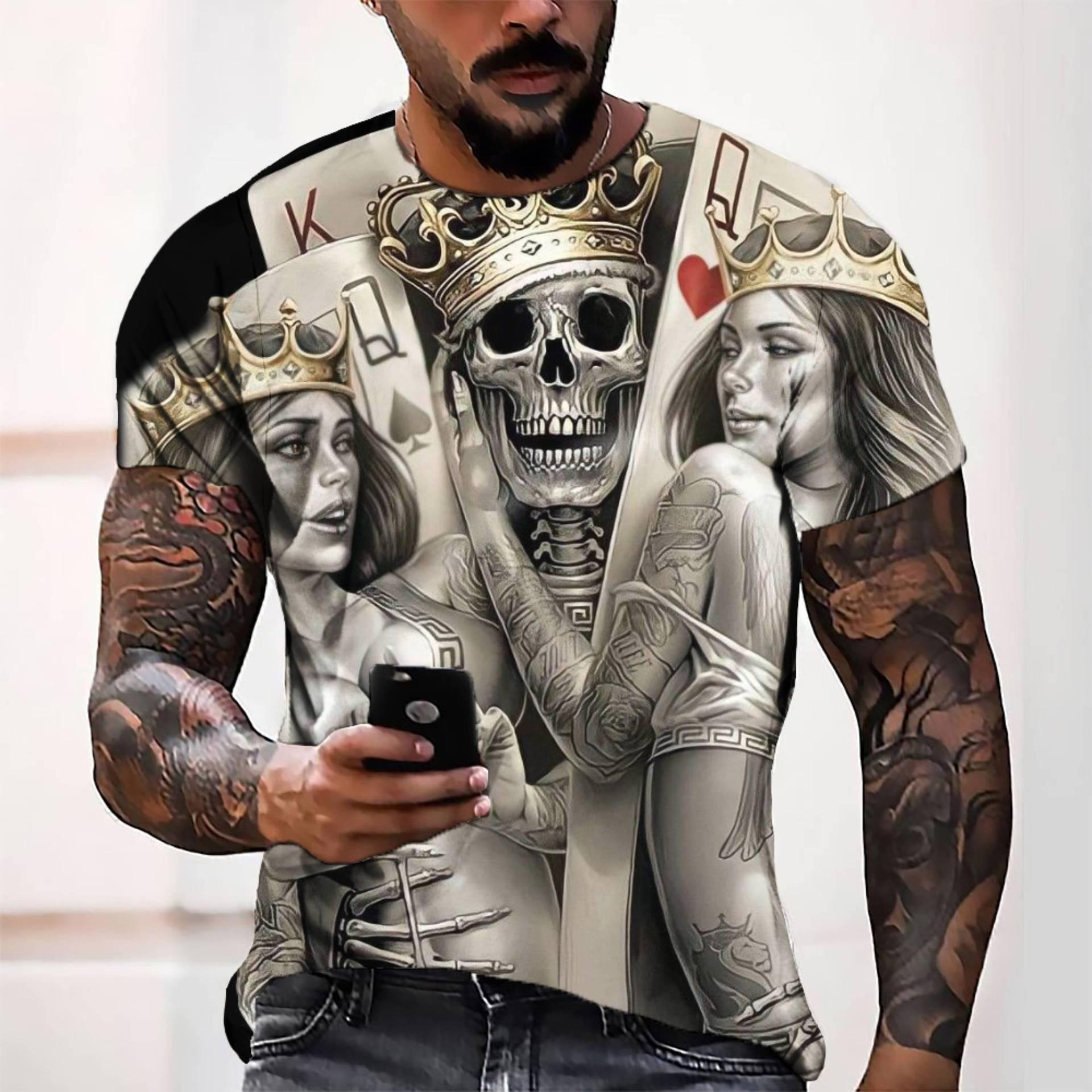 Летняя мужская футболка с короткими рукавами и принтом скелета в 3D-стиле для фитнеса и спорта S