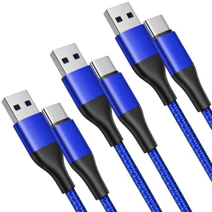 3x Câble USB-C Nylon Charge Rapide pour Google Pixel 9 - 9 Pro - 8 - 8a - 8 Pro - 7 - 7a - 7 Pro - 6 - 6 Pro - 6a - Bleu 1M