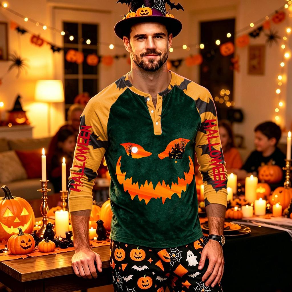 Men's Long Sleeve Shirt with Halloween Print Pattern for Casual Wear