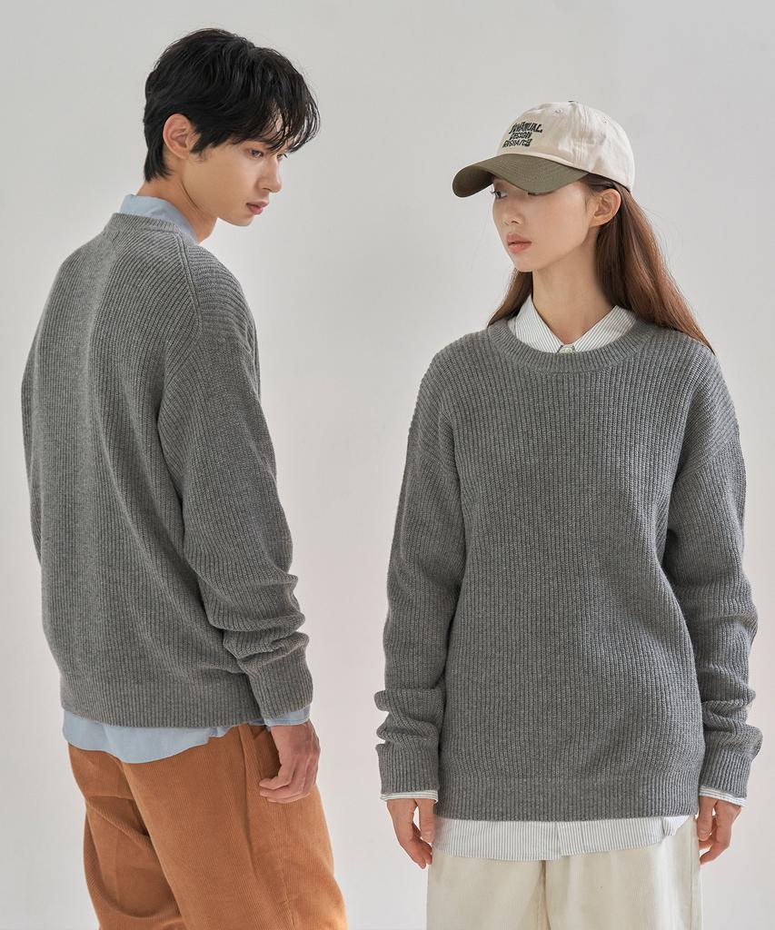 BASIC HOUSE Uni Ribbed Semi-Overfit Round Neck Knit Melange Grey Lwkt7103