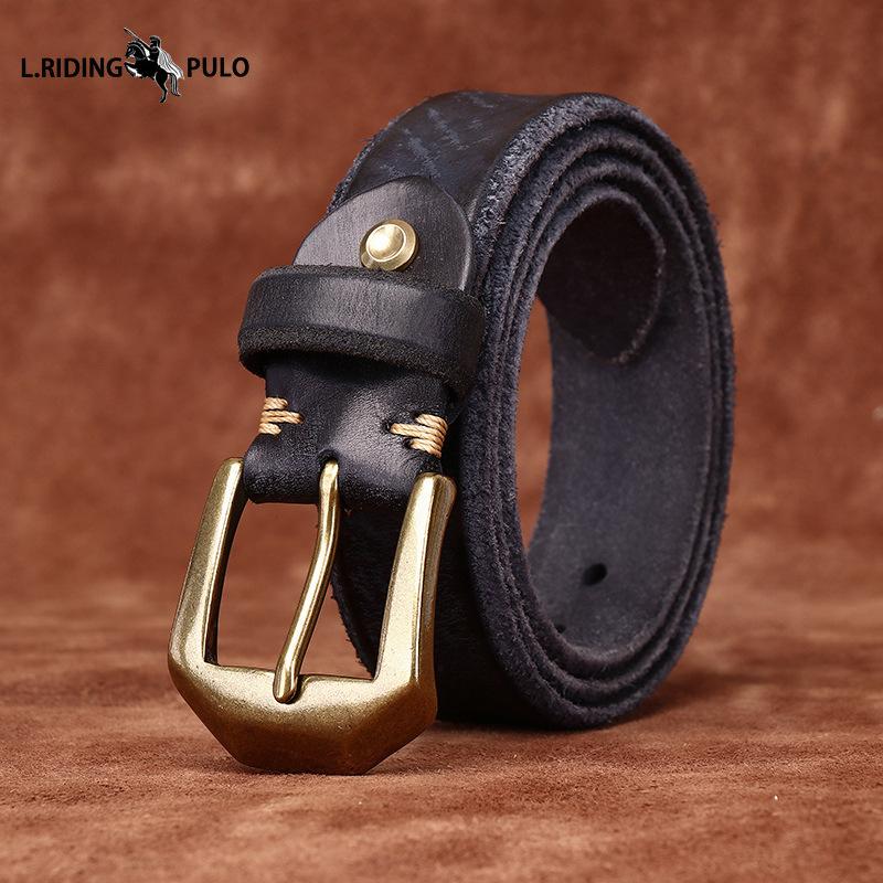 Thickened Genuine Leather Top Layer Cowhide Belt Men's Copper Buckle Rough Edge Fur Bottom Retro Washed Belt
