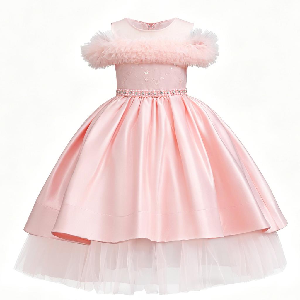 Girls Long Tulle Dress Princess Party Performance Gown