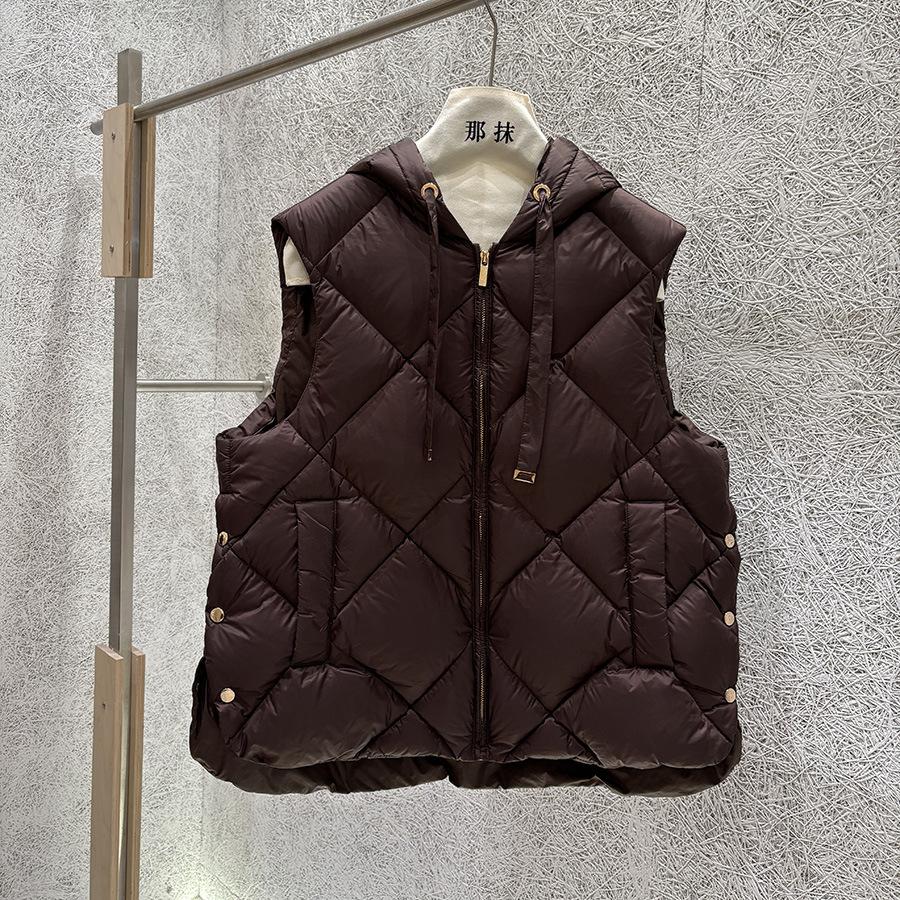 Autumn and Winter European Station Rhombus Hooded Drawstring Side Split Down Jacket Women's Winter Clothing White Duck Down Warm Vest