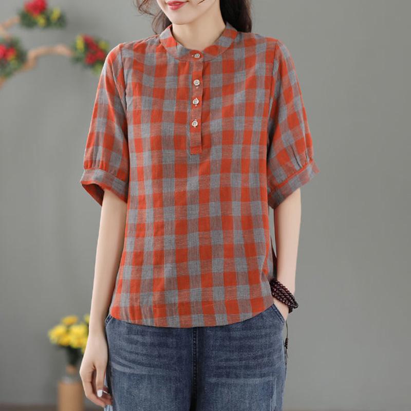 Tops Women Cotton Summer Large Size T-shirt Loose Vintage Plaid Casual Top Casual Pullover T-shirt Top