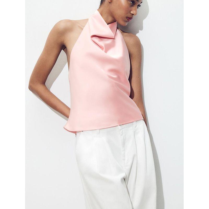 Summer New Product Women's Clothes French Short Silk Satin Texture Open Back Hanging Collar Tops 3203317 2069399