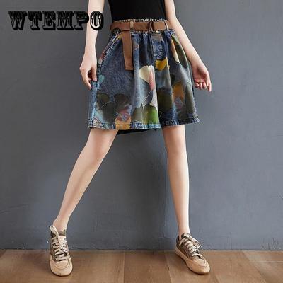 Damen Übergröße Retro-Print Denim Shorts High Waist Schlankmachend Locker Weitbeinige Shorts