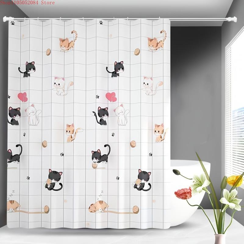 adorable feline stylish shower curtain bathroom - With Hooks Waterproof Mildew Proof Easy Install Washable