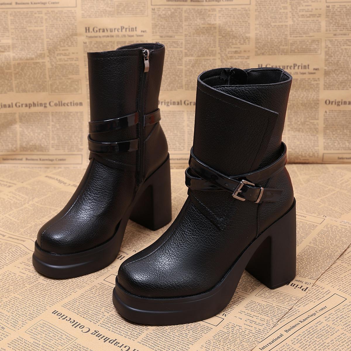 

Винтажные модные ботильоны на высоком каблуке с толстой подошвой и перекрестными ремешками, новая зимняя коллекция 2025, ботинки Мартин с круглой пряжкой под кожу для женщин 42