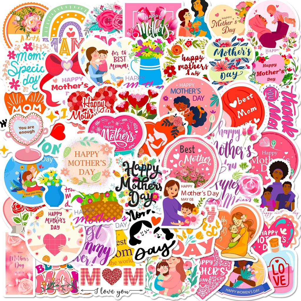 50 I LOVE YOU MOM Stickers Happy Mother's Day Mom Flower Bouquet Baking Cake Label Stickers