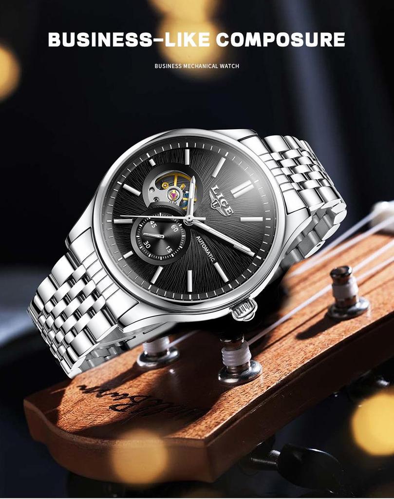 Men's Luxury Waterproof Automatic Mechanical Watch with Steel Band and Luminous Skeleton Design