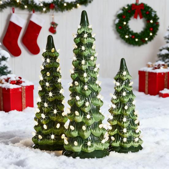 Yousheng Pre-lit Hand-Painted Resin Tabletop Christmas Tree Small Light Up Holiday Tree Decoration for Home Party Decor