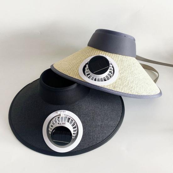 Wide Brim Sun Hat with Built-in Fan Summer Outdoor Straw Visor Hat with Solar/USB Powered Fan for Camping Fishing Hiking