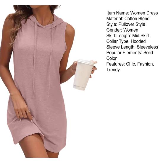 Damen Sommer Hoodie Kleid Ärmellos Mit Kordelzug Kapuze Sweatshirt Tunika Minikleid Lässig Kurz Tanktop Kleid