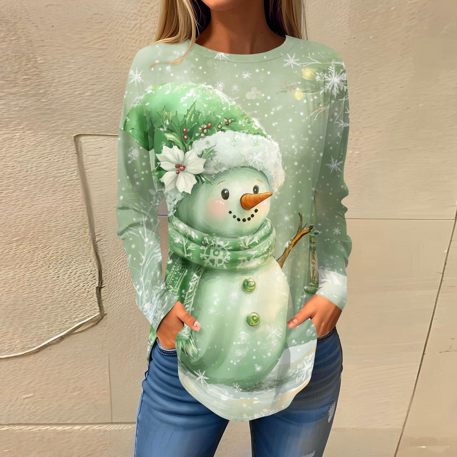 

Tee Shirts For Women Fall Casual Long Sleeve Shirts Sweatshirt Vintage Graphic Printing Top Pullover Christmas M зелений