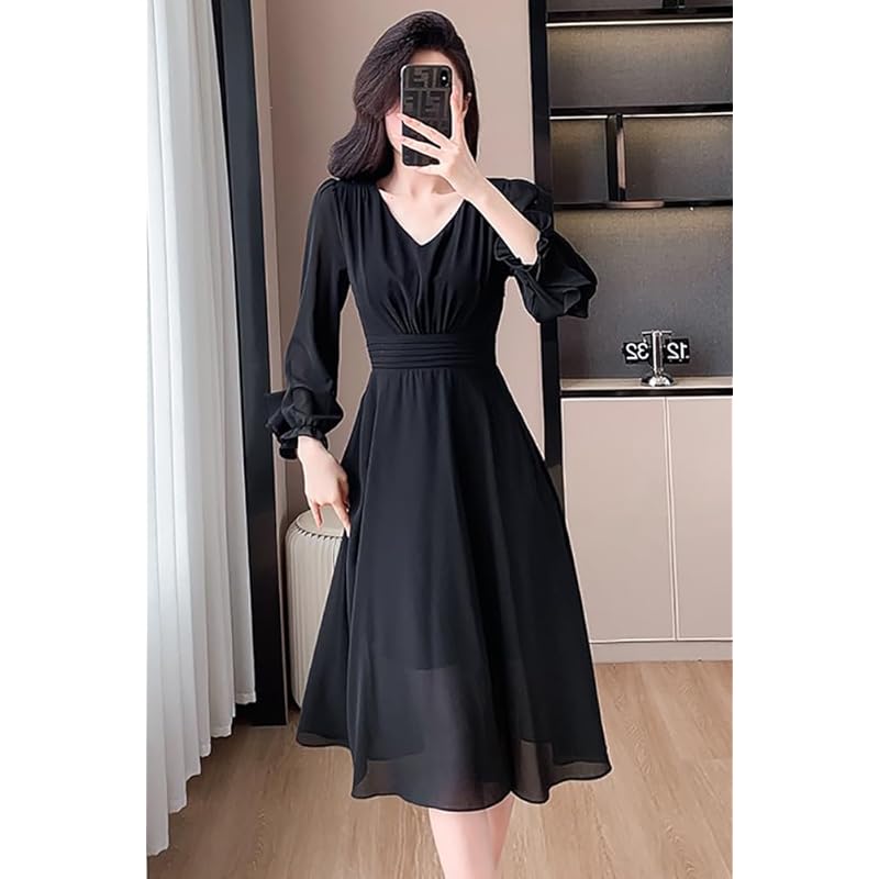 [Chubikime] one piece spring summer ladies chiffon medium length dress long sleeve V-neck adult dress A-line simple Plain color elegant Dress slimmer