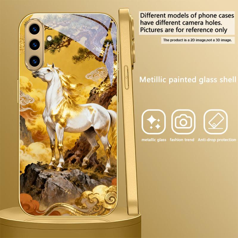 tall and sturdy horse For Samsung A 01 52S A04 A05S A10 A12 A13 22 23 24 36 42 M02 Note 10 20Ultra 8 9 Golden glass phone case