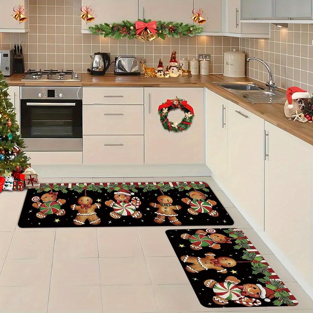 Set Christmas Kitchen Floor Mats Non Slip Washable Gingerbread Man Candy Runner Rug for Family Xmas Holiday Decor