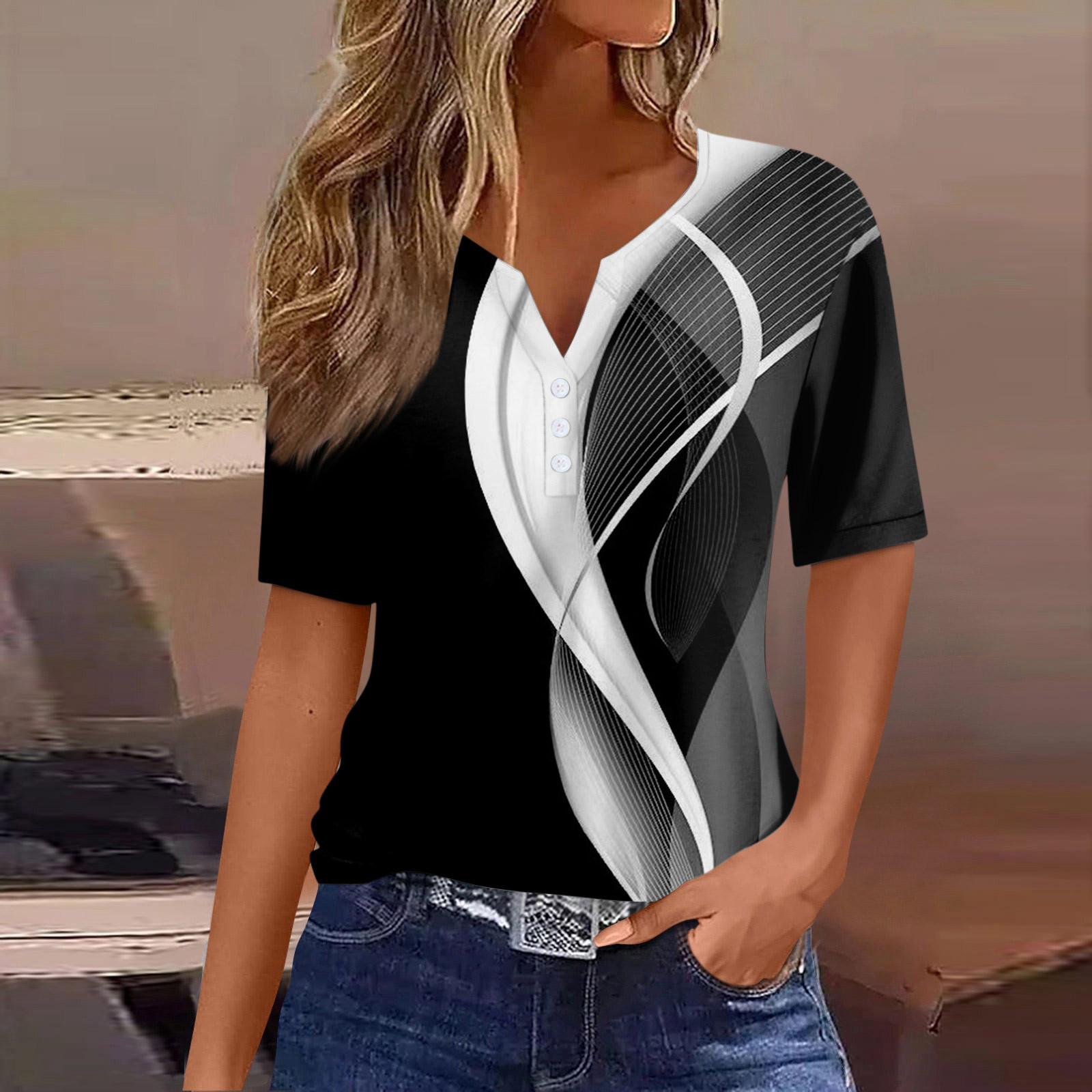 

Женская модная повседневная винтажная футболка с v-образным вырезом и коротким рукавом с декоративными пуговицами, топ L чёрный