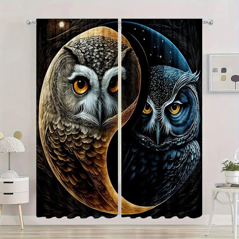 Taiji Chinese Owl Pattern Printed Curtains Window Decoration Home Room Set Of 2 Made Polyester