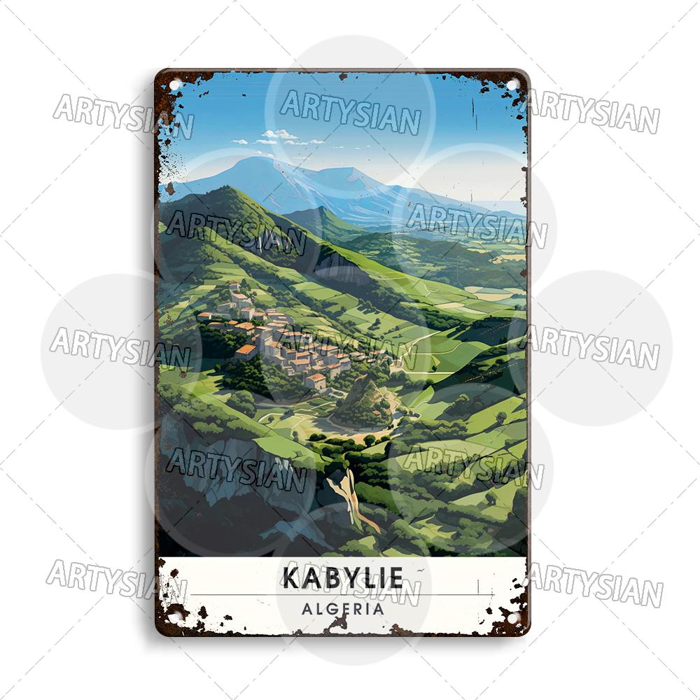 Maghreb Travel Cityscape Metal Sign Alger Algeria Djerba Tunisia Chefchaouen Morocco Marrakesh Zarzis Oran Tiaret Kabylie