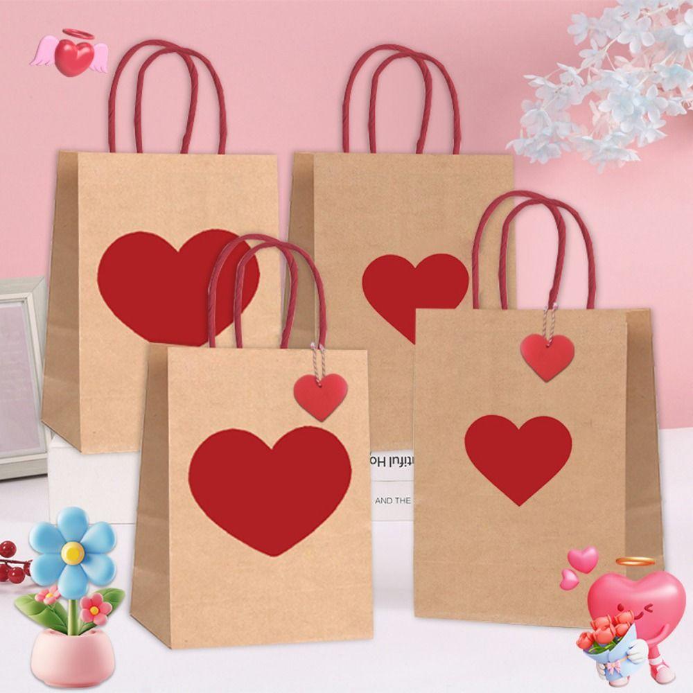 10/12pcs Red Heart Kraft Kraft Paper Gift Bags DIY LOVE Romantic Heart Shaped Bag Handheld Gift Packing Bag Valentine's Day