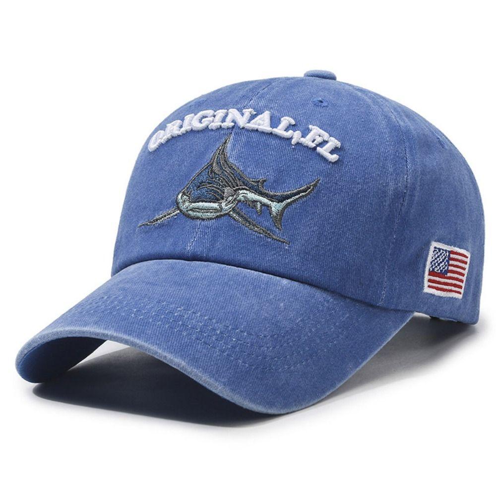 Washed Cotton Shark Embroidered Baseball Cap Hip Hop Adjustable Outdoor Fishing Hat Sunscreen American Flag Patch