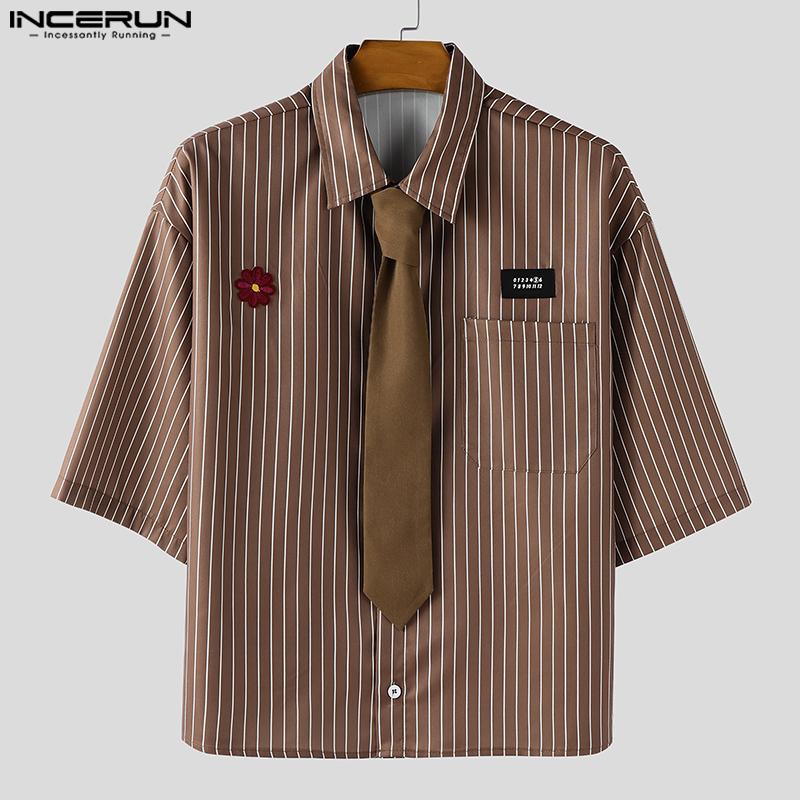 INCERUN Men Summer Tie Up Half Sleeve Striped Loose Casual Shirts Tops
