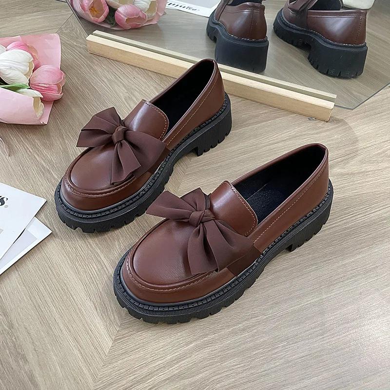 Fashion Women Flat Shoes Bowknot Leather Shoes Ladies 2025 New Spring Thick Heel Loafers Woman Fashion Comfortable Work Shoes Zapatos