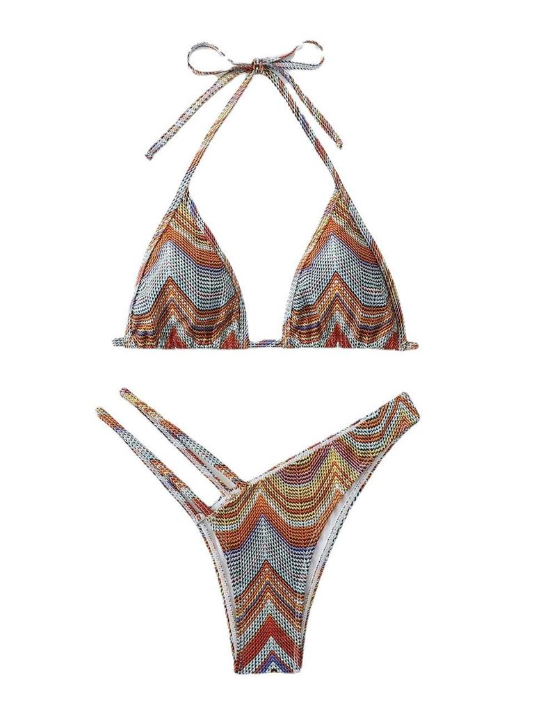 Striped Cutout Halter Bikini Swimsuit for European and American Beach Vacations