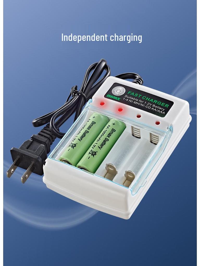 4-Slot AA/AAA Ni-MH/Ni-Cd Battery Charger with Independent 1.2V Charging Base and Flat AC Plug