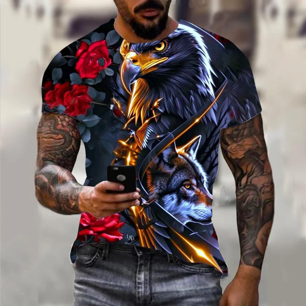 2025 Harajuku Men's Hip-Hop Trend Street Style Loose Crew Neck Short Sleeve Top Fun 3D Animal Eagle and Lion Print T-Shirt