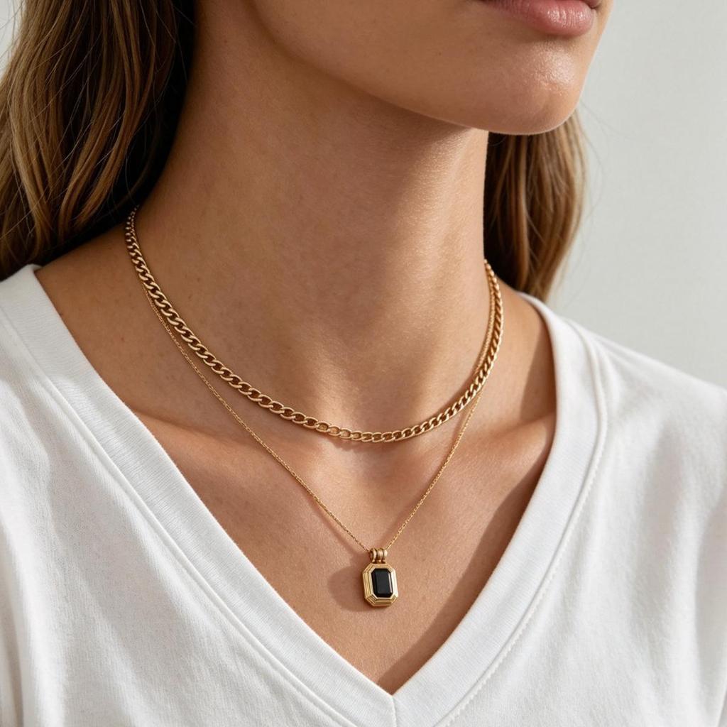 European-American Style Black Square Pendant Necklace - Light Luxury Geometric Stainless Steel Clavicle Chain