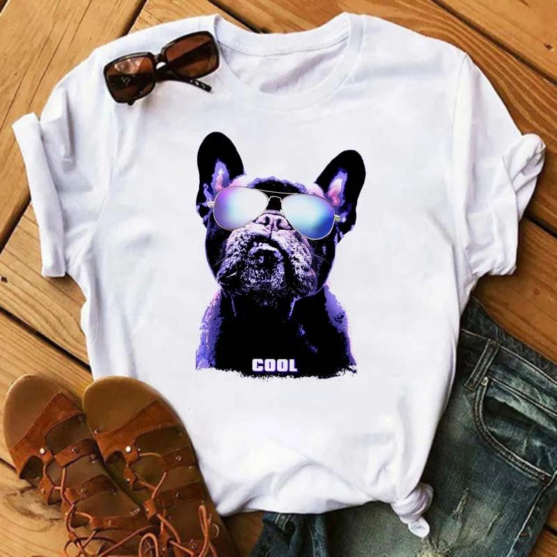 Fun Cute French Bulldog T-shirts Animal Harajuku Print Pattern Short Sleeves  Pure Cotton Women's T-shirts