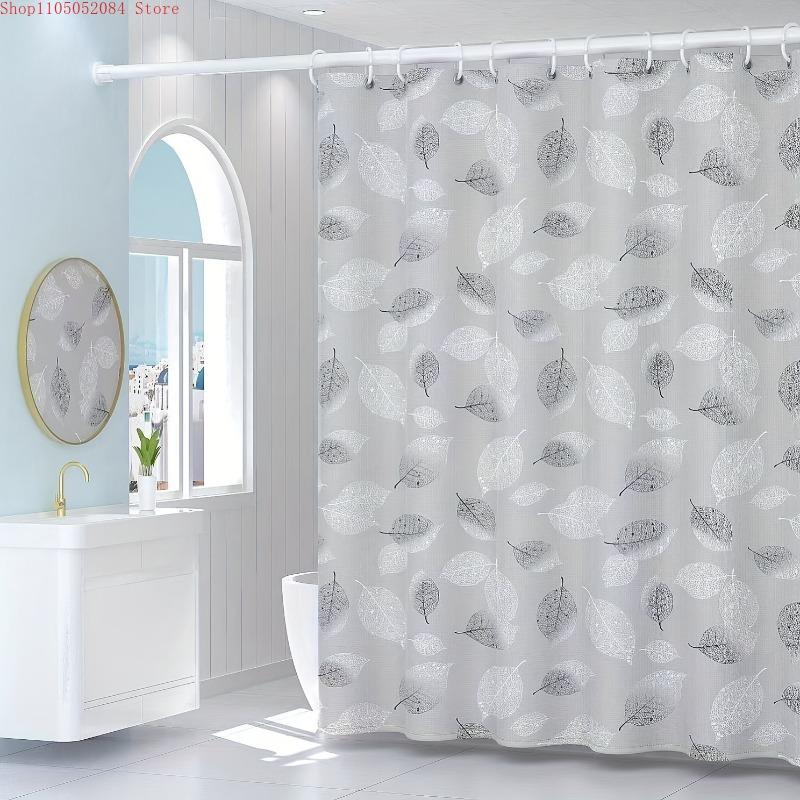 1pc stylish gray leaf pattern shower curtain quick dry - With Hooks Waterproof Mildew Proof Easy Install Washable