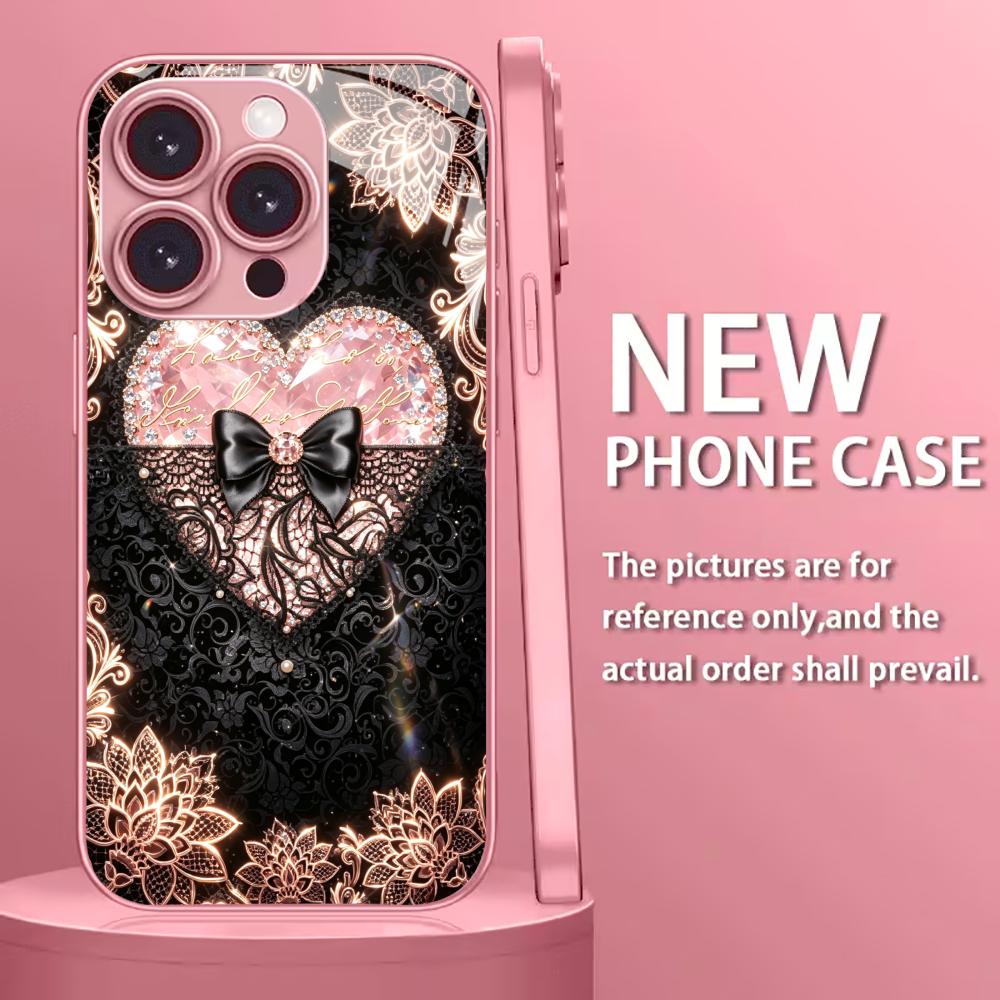 Lace diamond heart shape phone case for funda iphone for iphone 17 pro max cover glass for iPhone 17 16 15 14 13 12pm Pro Plus