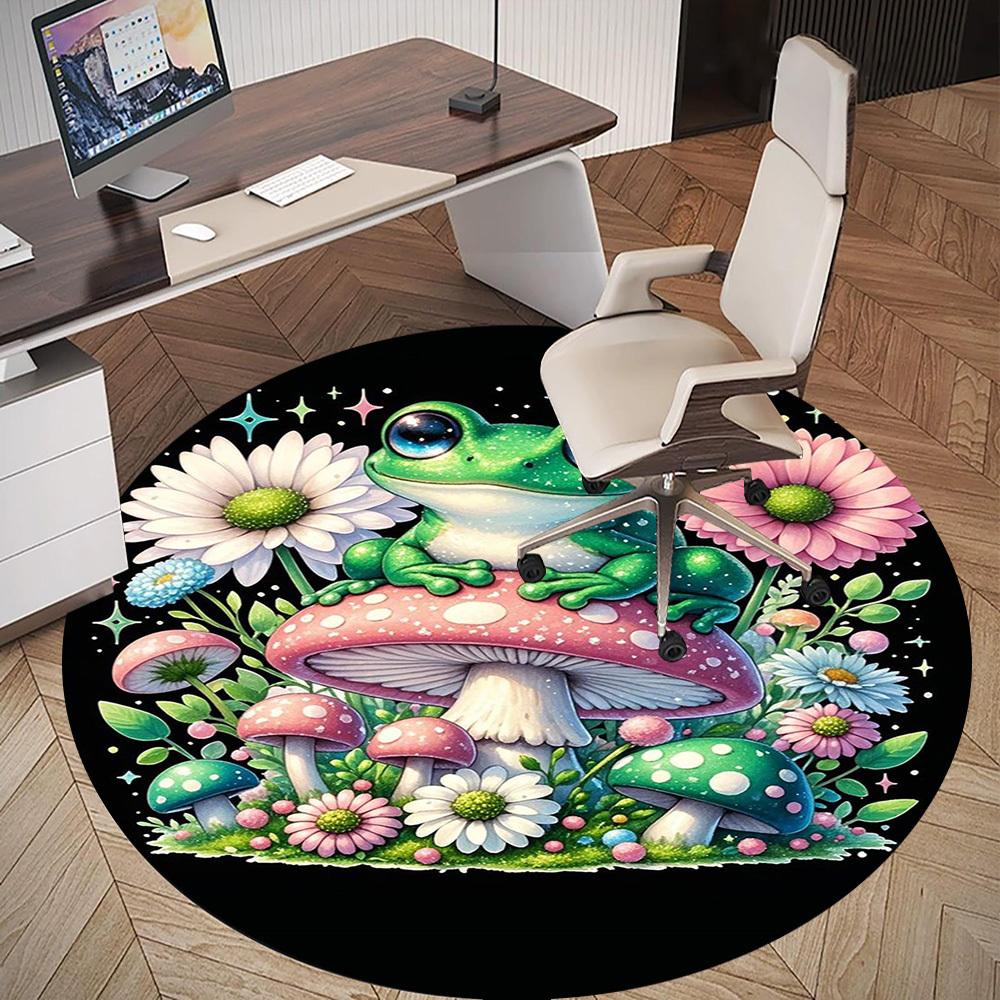 1PC Frog Mushrooms Flowers Round Chair Mat Area Rug - Non-Slip, Floor Mat for Office, Bedroom, Home Decor Christmas Gift C0528056