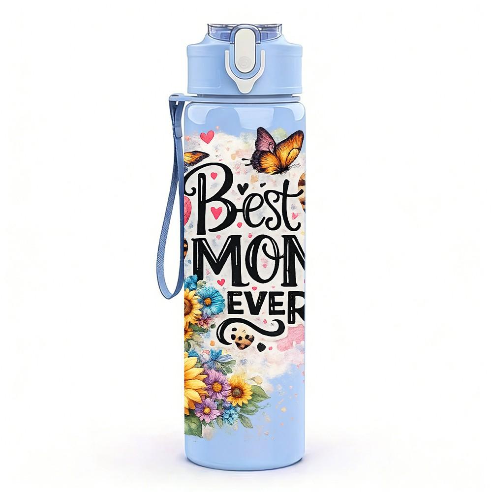 1PC Best Mom Ever Sunflower Quote Print 750ml Color Plastic Sports Water Bottle Leakproof Flip Straw Lid Suitable for Sports Office Home Use