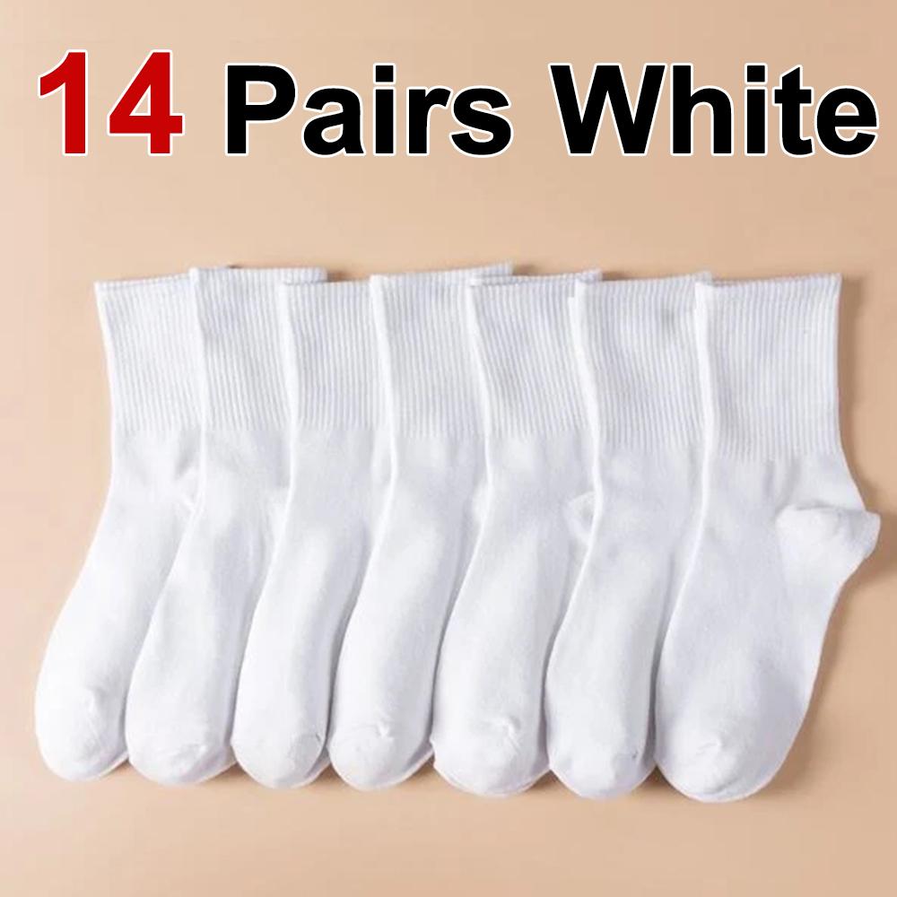 7/14/21 Pairs Women Classic Black And White Solid Color Fashionable Versatile Sweat-Absorbing Soft And Breathable Casual Socks