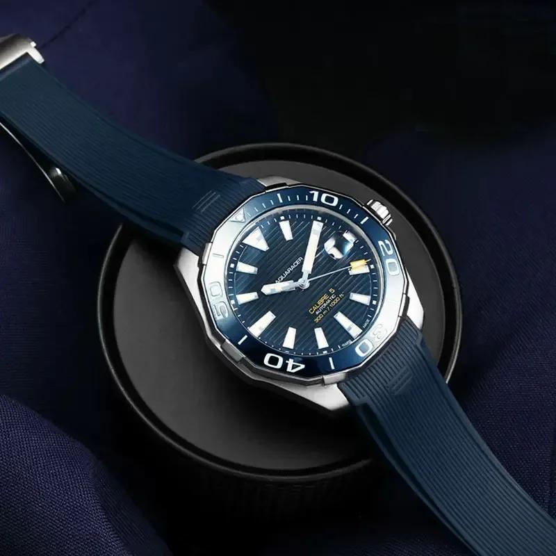 Pro TA-G HEUER AQUARACER 43MM ciferník WAY201A WAY211C WAY201B Silikonový řemínek na hodinky s ohnutým okrajem černý modrý potápěčský náramek