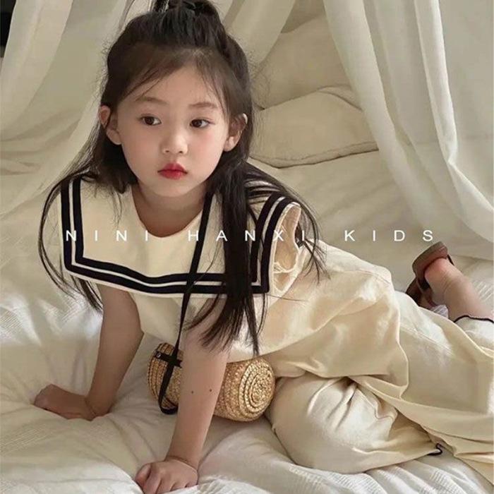 

Комплект из топа без рукавов с темно-синим воротником и широких брюк для девочек - повседневная летняя мода в корейском стиле 160 cm бежевый