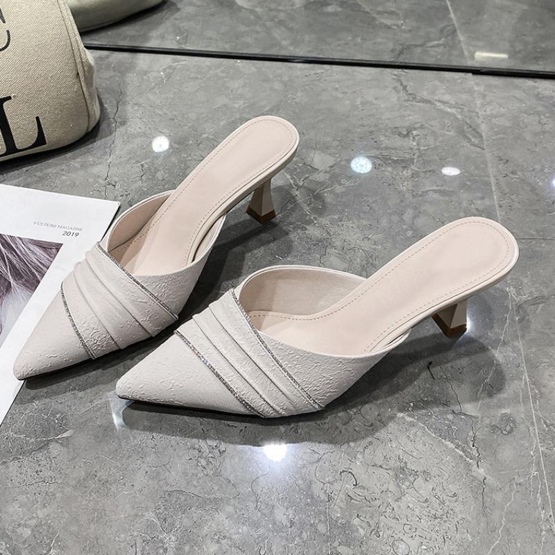 Spring New Baotou Slippers Women's Pointed Head Shallow Mouth Glitter Anti-slip Wear-resistant High Heels