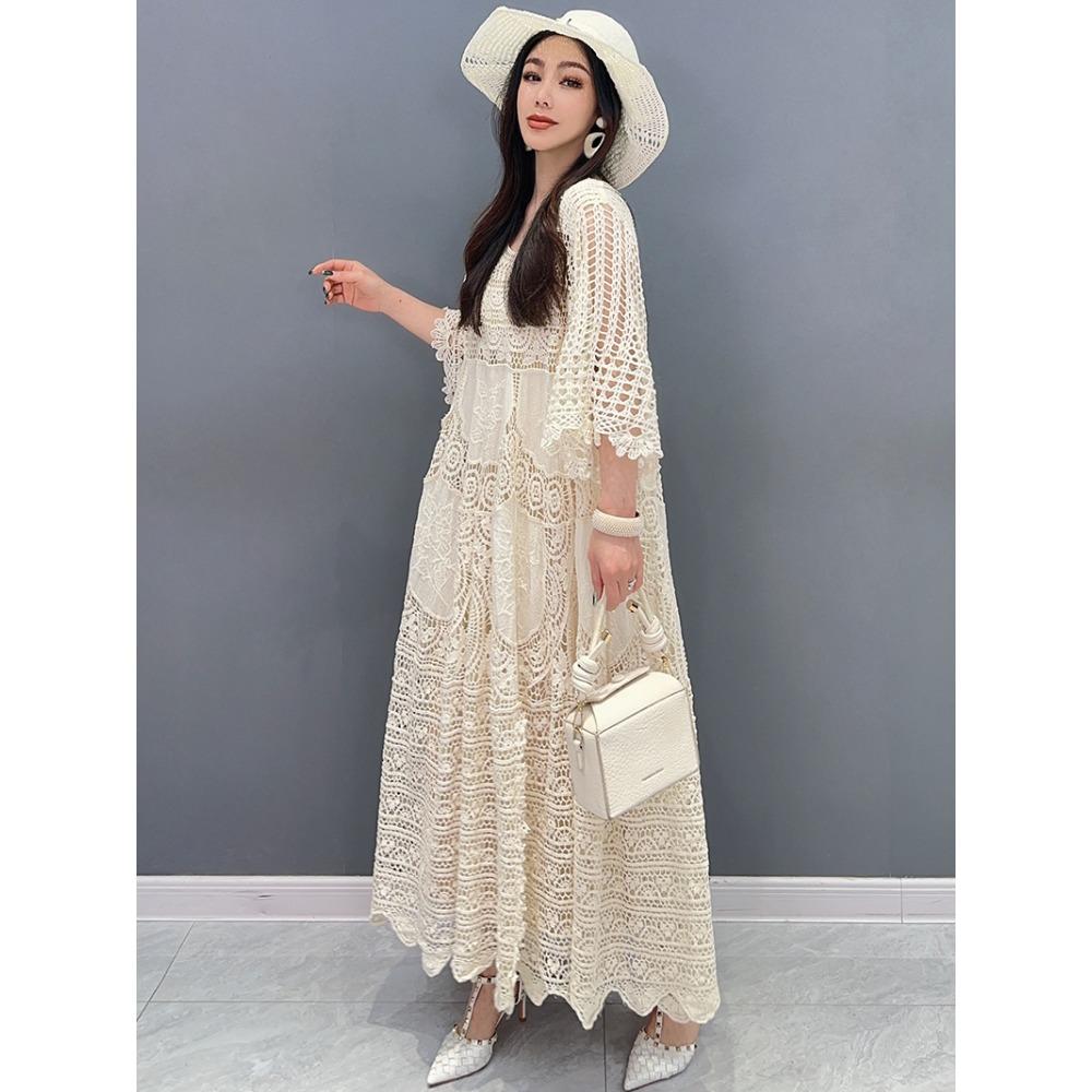 DIMANAF 2025 Vară Femei Rochie Lungă Tricotată Mânecă Rochii de Dantelă Fashion de Bază Casual Largi